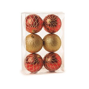 Bola de Natal com Losango Brilhante Vermelho e Ouro 10cm (Bolas) - 6 Peças