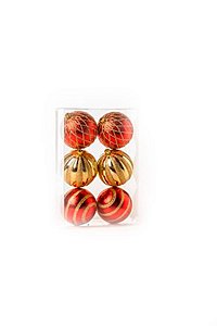 Bola de Natal com Losango Listra e Gomo Vermelho e Ouro 8cm - 6 Un