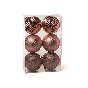 Bola de Natal Glitter Texturizada Listras Rosê Gold 10cm - 6 Un