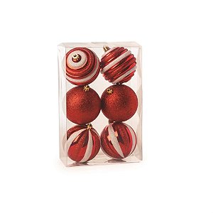 Bola de Natal Listras e Gomo com Glitter Vermelho 10cm - 6 Un