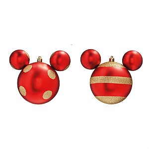 Natal Disney - Bola Listras e Poá com Glitter Vermelho e Ouro 10cm - 2 Un