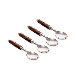 Colher de Mesa com Cabo Madeira Marrom e Prata (Talheres) - 4 Peças