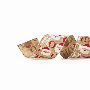 Fita de Natal Hohoho e Noel Natural e Vermelho 6,3cm - 1 Rolo