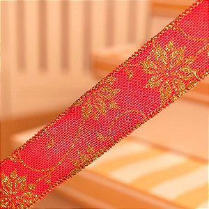 Fita de Natal Juta Flores Vermelho e Ouro 3,8cm (Fita para Presente) - 1 Un