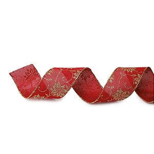 Fita de Natal Juta Flores Vermelho e Ouro 6,3cm (Fita para Presente) - 1 Un