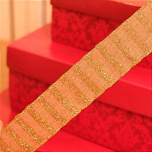 Fita Juta Listras Natural e Ouro 3,8 cm x 9,14 mts