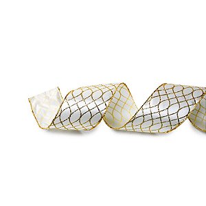 Fita de Natal Ondas Branco e Ouro 3,8cm - 1 Rolo