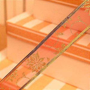 Fita de Natal Voal Flores Vermelho e Ouro 3,8cm - 1 Un