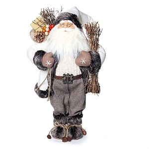 Boneco de Papai Noel Carregando Saco Presentes Branco e Marrom de 47cm