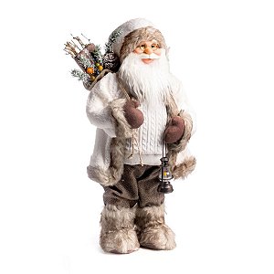 Boneco de Papai Noel em Pé com Saco de Presente Branco e Marfim de 65cm