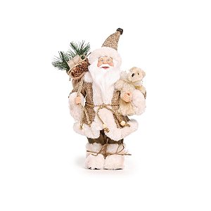 Boneco de Papai Noel Rústico Segurando Urso Bege de 35cm