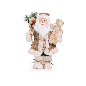Boneco de Papai Noel Rústico Segurando Urso Bege de 40cm