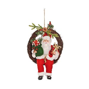 Boneco de Papai Noel Sentado na Guirlanda com Presente Vermelho de 50cm