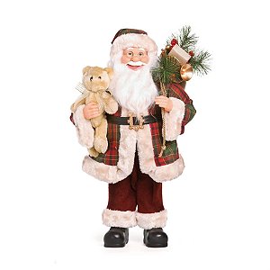 Boneco de Papai Noel Xadrez Segurando Urso Vermelho de 60cm