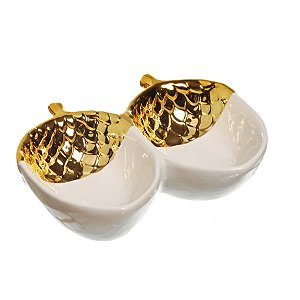 Prato de Natal Duplo Decorativo Noz Ouro e Branco (Glam) - 2 Un