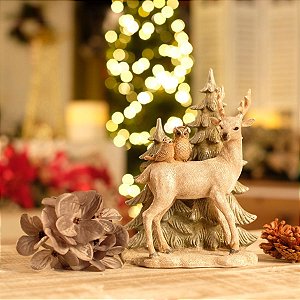 Rena de Natal com Passarinhos e Pinheiro Cinza 20cm