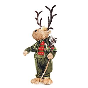 Rena de Natal Crespinha em Pé com Casaco Vermelho e Verde Bandeira 60cm