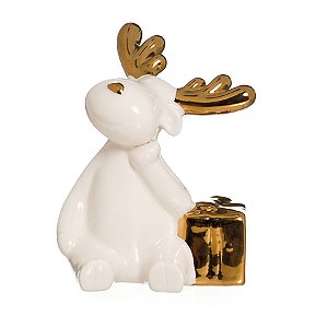 Rena de Natal Decorativa com Presente Ouro e Branco 10cm