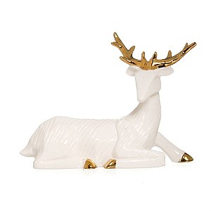 Rena de Natal Decorativa Deitada Ouro e Branco 15cm