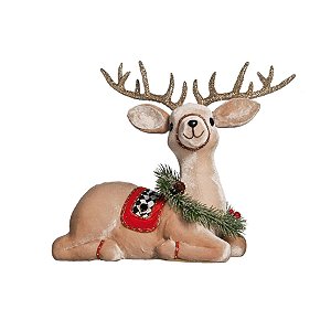 Rena de Natal Deitada com Cela Xadrez Vermelho 30cm