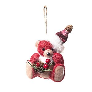 Urso Sentado com Galho de Frutas Vermelho