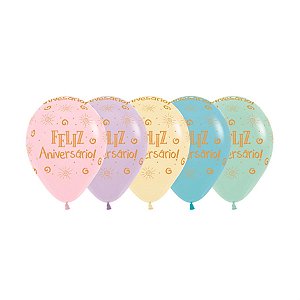 Balão Látex Impressão 360 Pastel Mate Feliz Aniversário Raio S Sortida 12" / 30cm - 12 Un