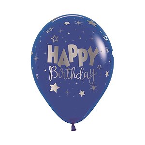 Balão Látex Impressão 360 Cristal Happy Birthday Radia Azul 12" / 30cm - 50 Un