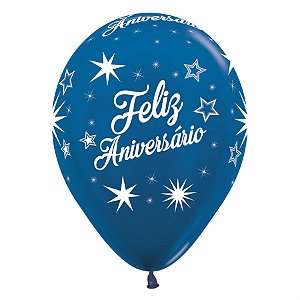 Balão Látex Impressão 360 Metal Feliz Aniversário Brilho Azul 12" / 30cm - 50 Un