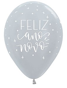 Balão Látex Impressão 2 Lados Satin Feliz Ano Novo Prata 12" / 30cm - 50 Un