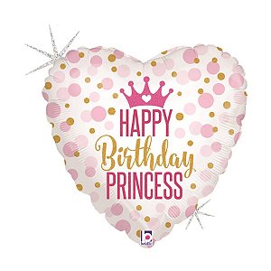 Balão Metalizado Holográfico Coração Happy Birthday Princess 18" / 45 cm