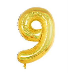 Balão Metalizado Número 9 Holográfico Glitter Ouro 40'' / 101cm
