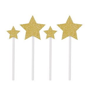 Topo de Bolo Espeto Estrelas Dourado - 3 Peças