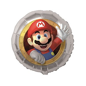 Festa Super Mário - Balão Metal Redondo para Decoração Super Mario 18'' / 45cm - 01 Un