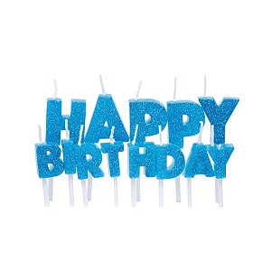 Vela Letras Happy Birthday Glitter Azul Claro