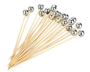 Palito em Bambu Para Petiscos 12cm Bolinha Metalizada Prata - 20 Un
