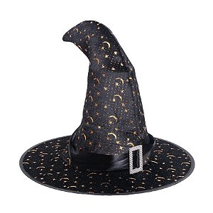 Chapéu Bruxa Cinto com Lua Preto e Ouro 35X35X35