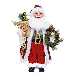 Boneco de Papai Noel Casaco Xadrez Vermelho e Verde Bandeira e Branco de 45cm