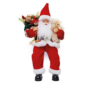 Boneco de Papai Noel Tradicional Sentado com Urso Vermelho e Branco de 30cm