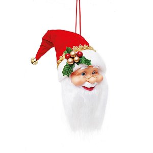 Boneco de Papai Noel Cabeça para Pendurar Vermelho e Branco de 20cm