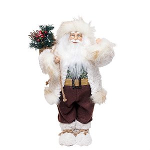 Boneco de Papai Noel com Saco de Presente Marrom e Branco e Verde de 46cm