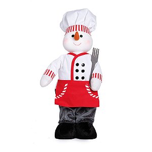 Boneco Neve Cozinheiro em Pé com Garfo Vermelho e Cinza e Branco