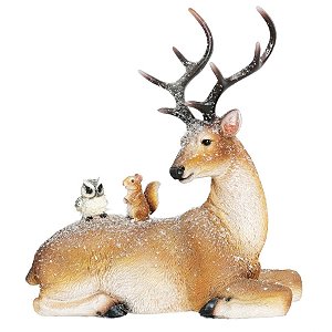 Rena de Natal Deitada com Pássaros Marrom 23cm
