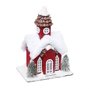 Casinha Nevada com Led Torre e Pinheiros Vermelho e Branco e Marrom - 1 Unidade