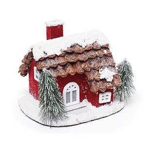 Casinha Nevada com Led Telhado Pinha Vermelho e Branco e Marrom