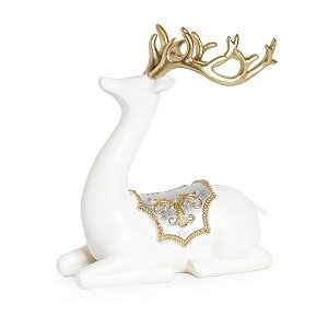Cervo em Resina Sentado Branco e Ouro