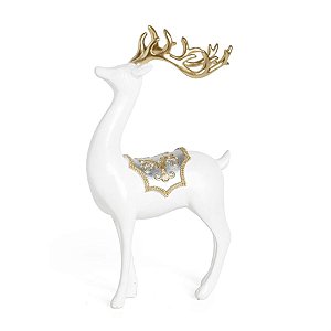 Cervo em Resina em Pé Branco e Ouro