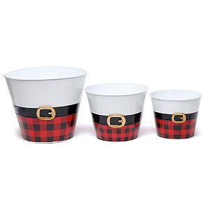 Jogo Cachepot de Metal Xadrez Branco e Preto e Vermelho - 3 Peças