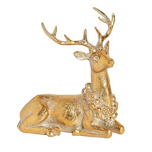 Rena de Natal Deitada com Guilanda Ouro 14cm