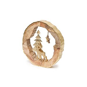 Tronco em Madeira com Rena e Pinheiro Ouro M