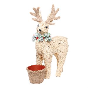Rena de Natal em Pé com Cachepot Sisal Marrom e Verde Bandeira 42cm